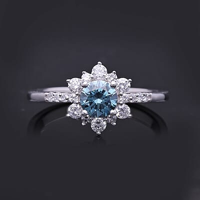 Luxuriant Lab Grown Blue Diamond (IR) and Lab Grown White Diamond (SI) 1.00 ctw Floral Ring in Platinum Over Sterling Silver (Size 10.0)
