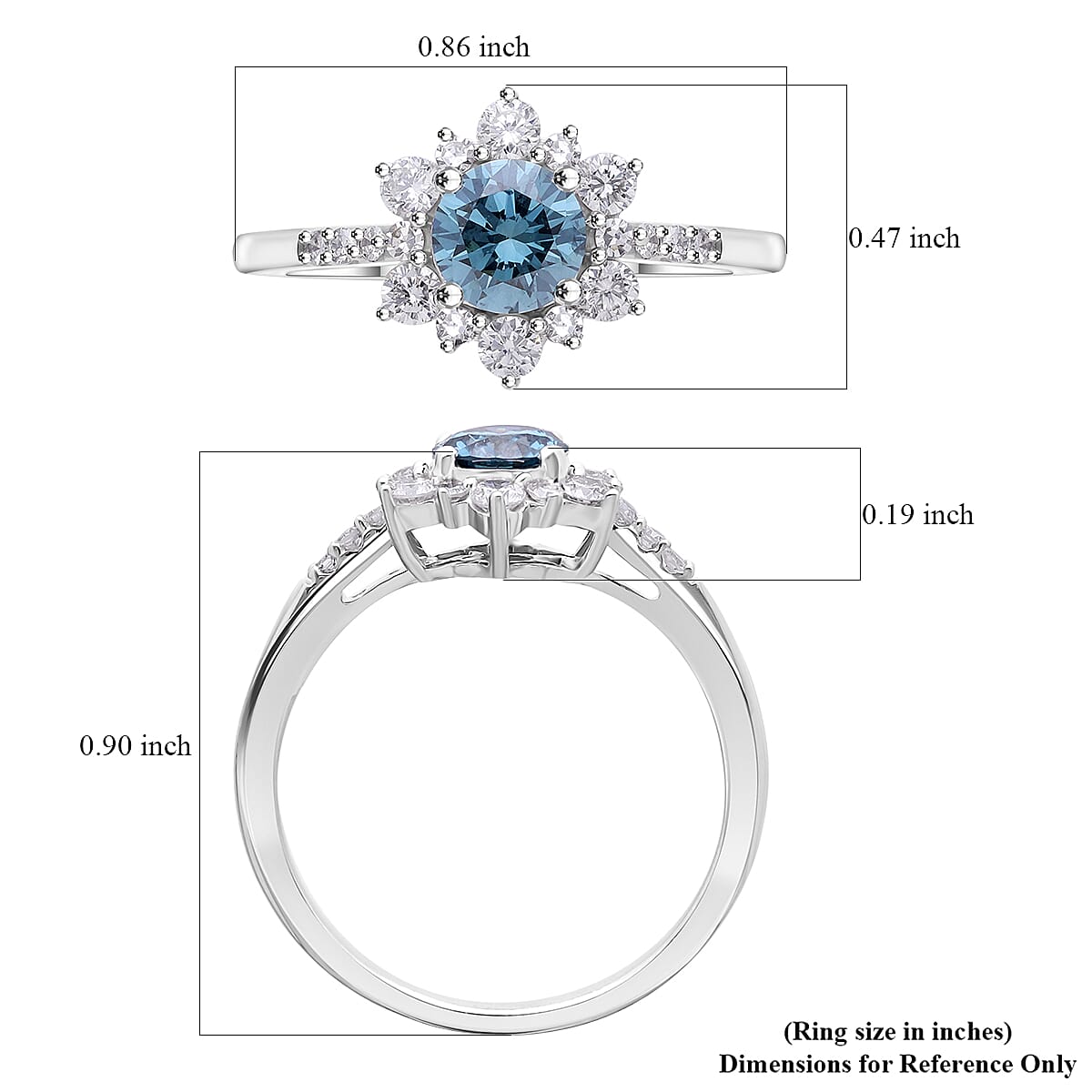 Luxuriant Lab Grown Blue Diamond (IR) and Lab Grown White Diamond (SI) 1.00 ctw Floral Ring in Platinum Over Sterling Silver (Size 10.0)