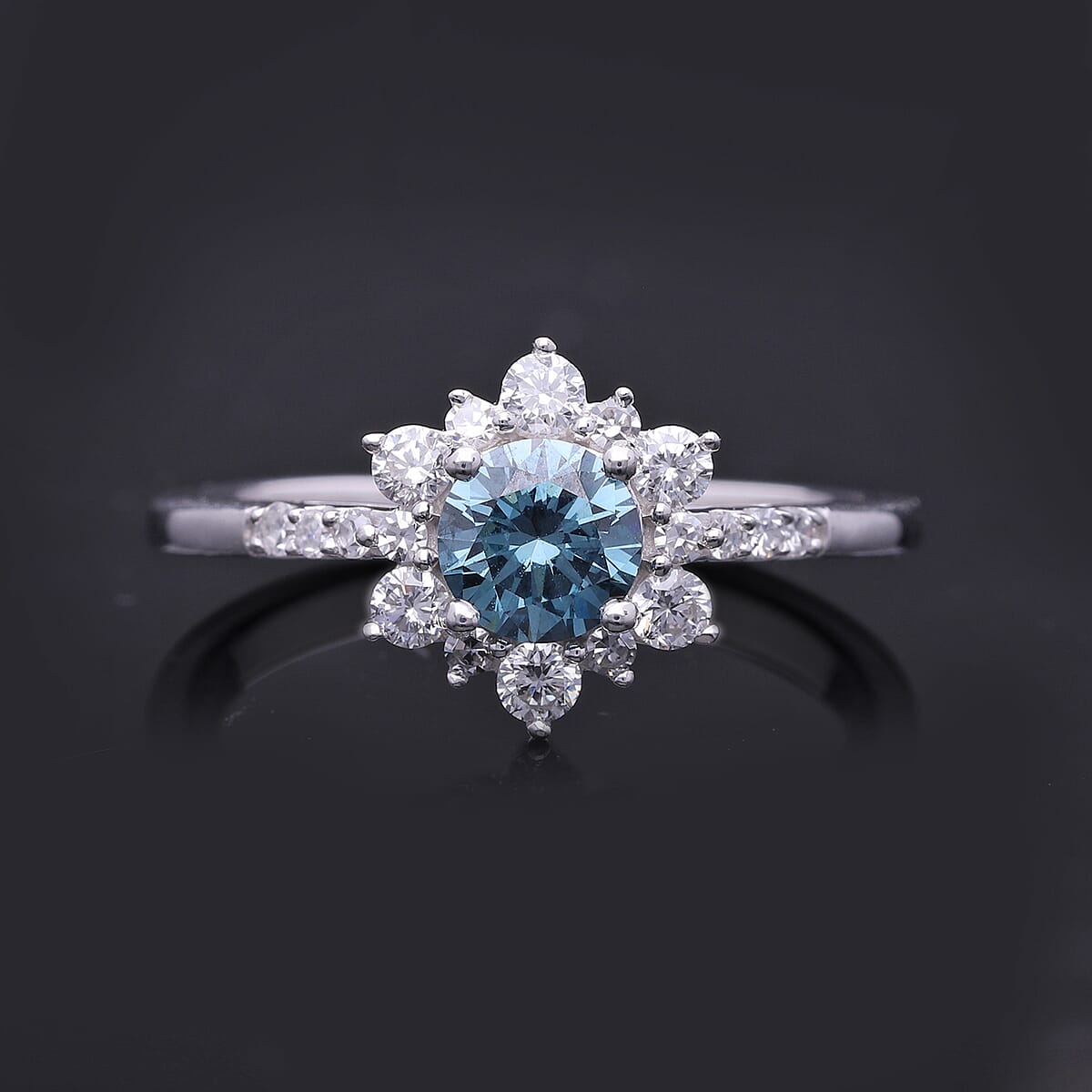 Luxuriant Lab Grown Blue Diamond (IR) and Lab Grown White Diamond (SI) 1.00 ctw Floral Ring in Platinum Over Sterling Silver (Size 8.0) image number 1