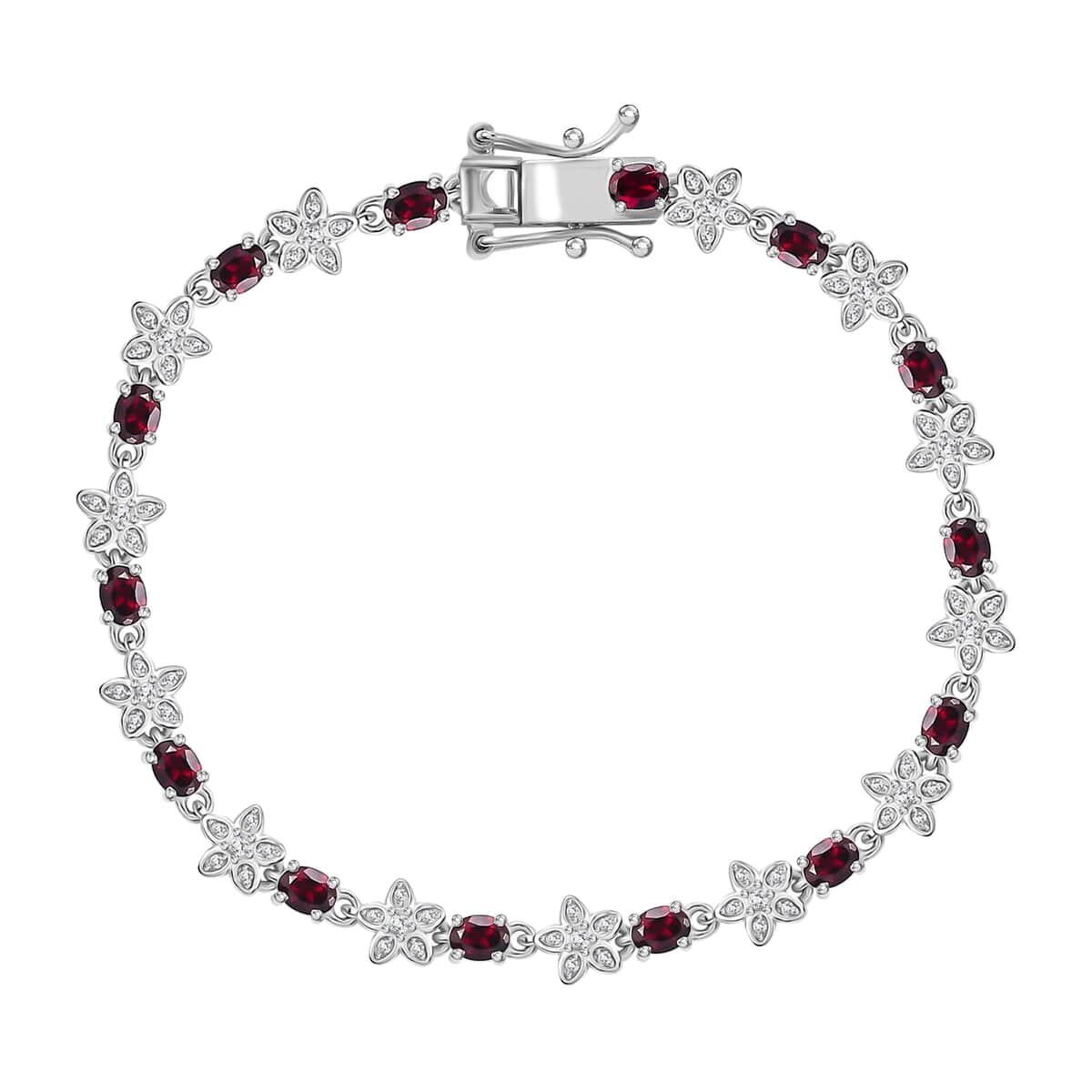 Premium Anthill Garnet and Moissanite 6.00 ctw Flower Bracelet in Rhodium Over Sterling Silver (8.00 In) image number 0