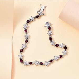 D'Joy Premium Anthill Garnet and Moissanite 6.00 ctw Flower Bracelet in Rhodium Over Sterling Silver (8.00 In)