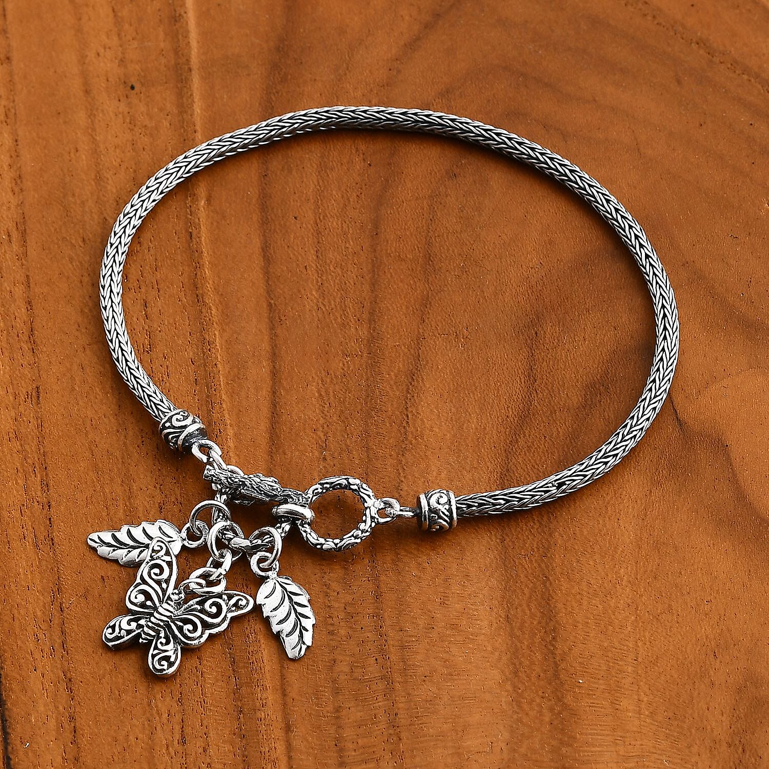 Bali Legacy Leaf and Butterfly Charm Bracelet in Sterling Silver (8.00 In) 10 Grams