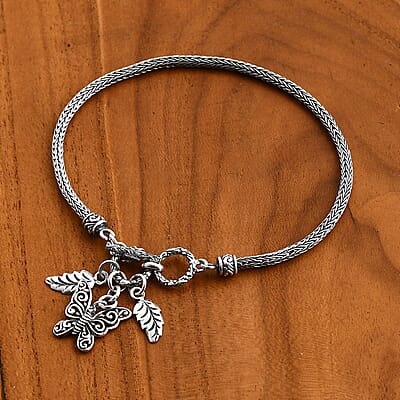 Bali Legacy Leaf and Butterfly Charm Bracelet in Sterling Silver (8.00 In) 10 Grams
