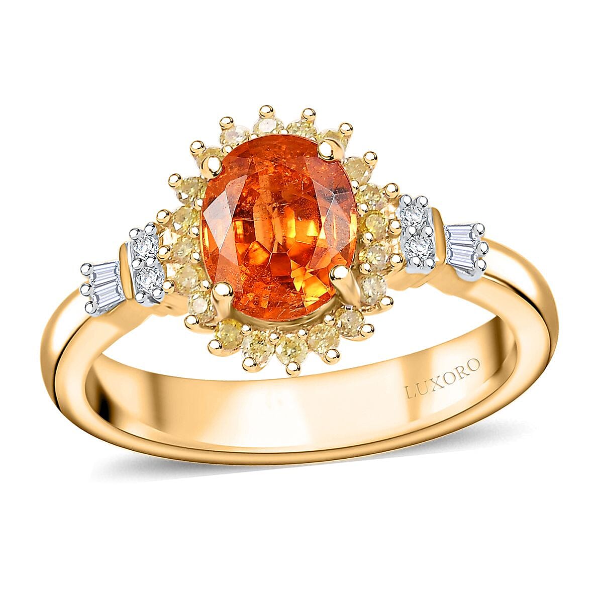 Luxoro AAA Tanzanian Mandarin Garnet, I2 Natural Yellow and White Diamond 1.90 ctw Sunburst Ring in 14K Yellow Gold (Size 8.0) image number 0
