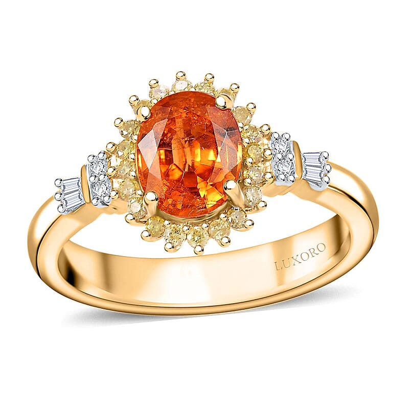 Luxoro AAA Tanzanian Mandarin Garnet, Natural Diamond Sunburst Ring in 14K Yellow Gold 1.90 ctw (Size 8.0)