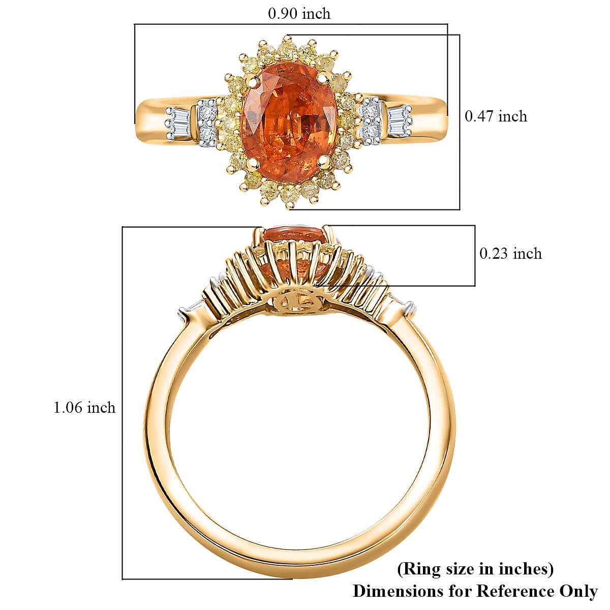 Luxoro AAA Tanzanian Mandarin Garnet, I2 Natural Yellow and White Diamond 1.90 ctw Sunburst Ring in 14K Yellow Gold (Size 8.0) image number 5