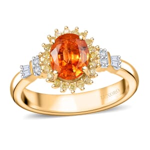 Luxoro AAA Tanzanian Mandarin Garnet, I2 Natural Yellow and White Diamond 1.90 ctw Sunburst Ring in 14K Yellow Gold (Size 9.0)