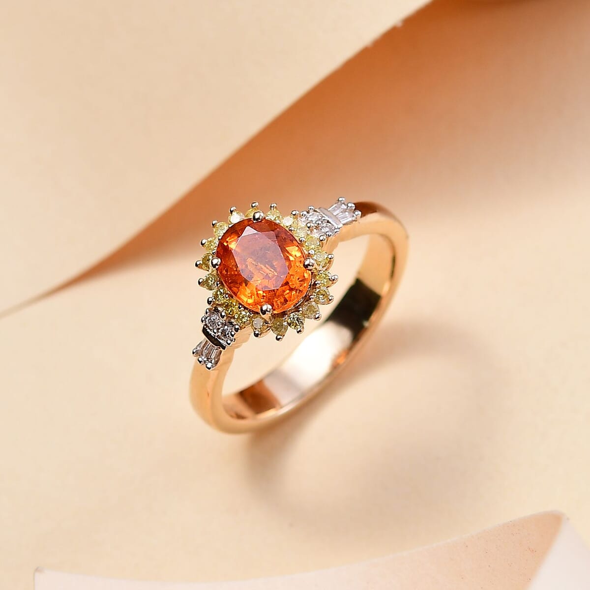 Luxoro AAA Tanzanian Mandarin Garnet, I2 Natural Yellow and White Diamond 1.90 ctw Sunburst Ring in 14K Yellow Gold (Size 9.0) image number 1