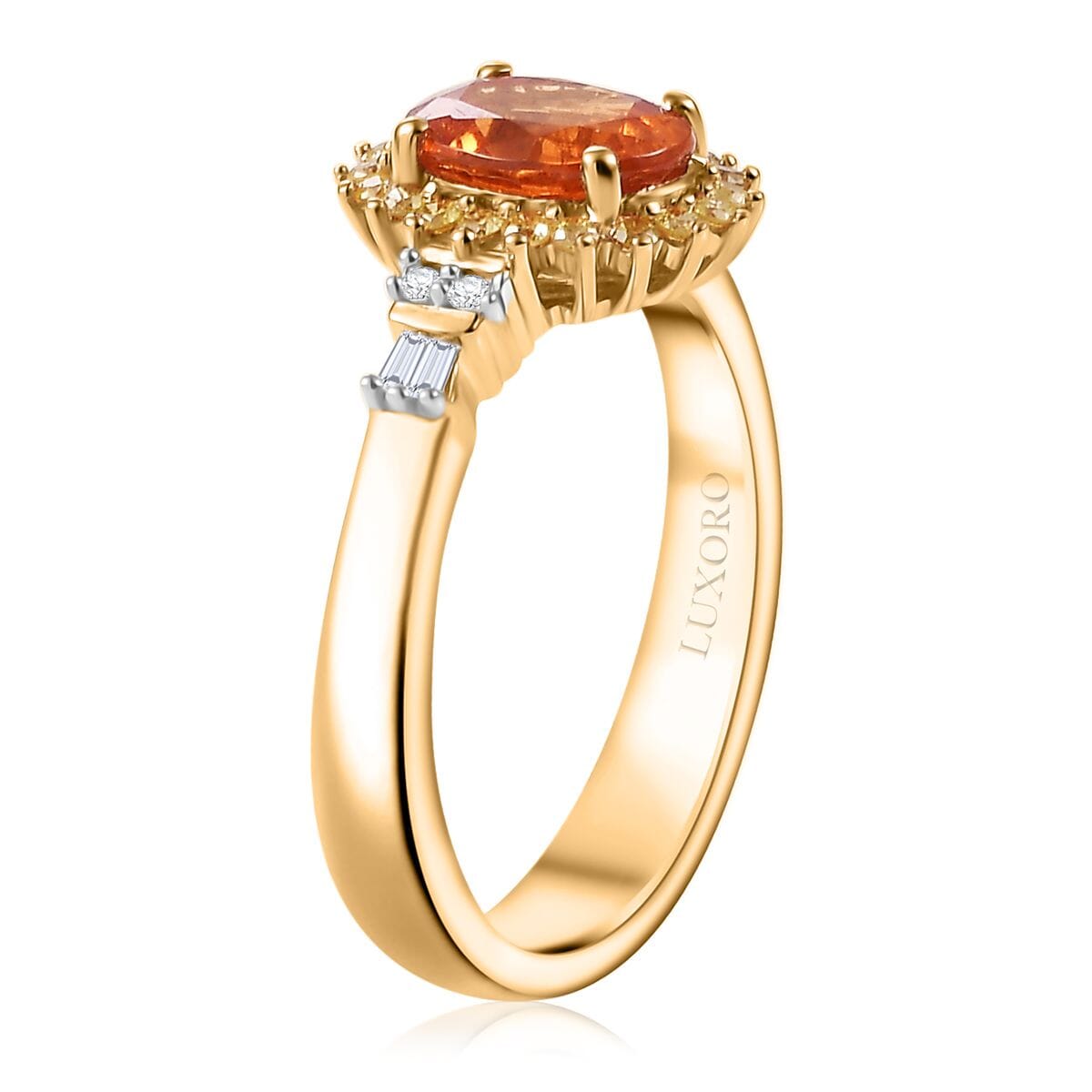 Luxoro AAA Tanzanian Mandarin Garnet, I2 Natural Yellow and White Diamond 1.90 ctw Sunburst Ring in 14K Yellow Gold (Size 9.0) image number 3