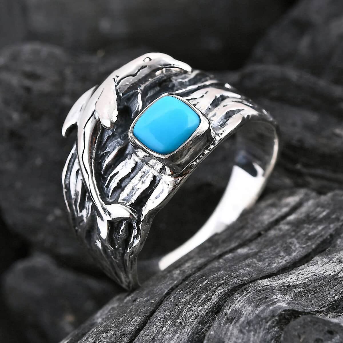 Bali Legacy Sleeping Beauty Turquoise 0.85 ctw Dolphin Ring in Sterling Silver (Size 10.0) image number 1