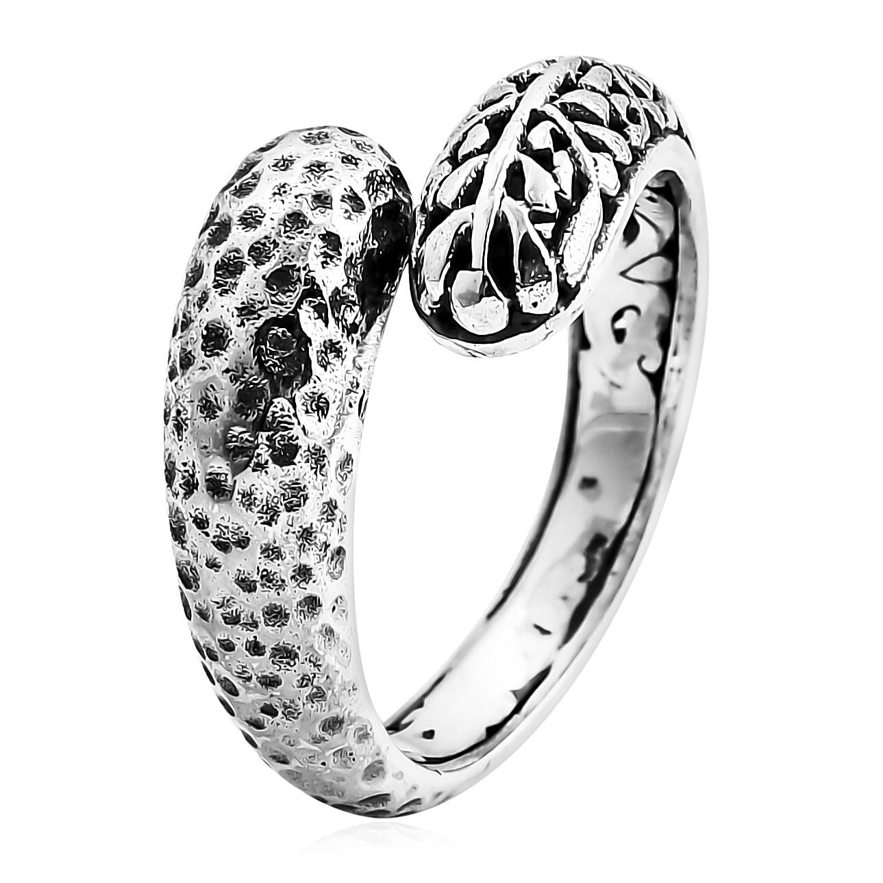 Bali Legacy Leaf and Texture Bypass Ring in Sterling Silver (Size 10.0) 6 Grams