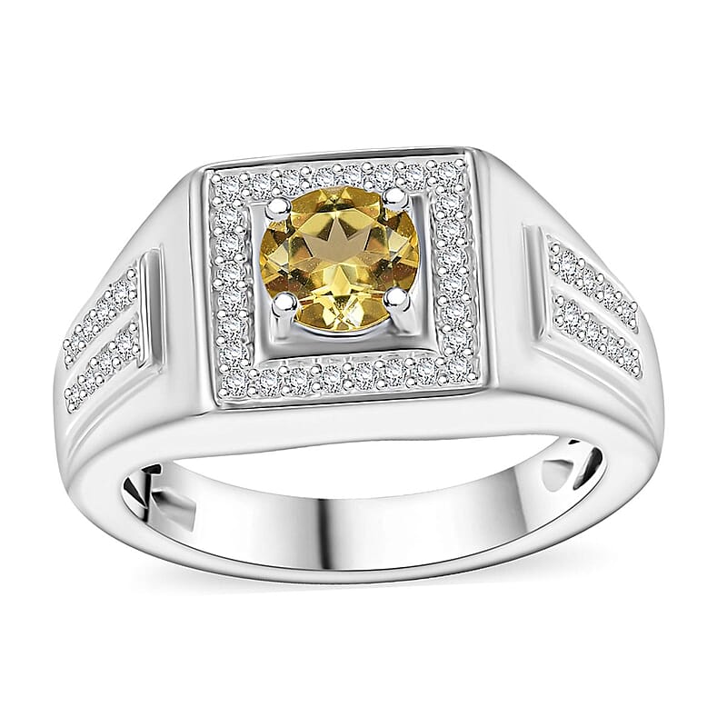 D'Joy Premium Brazilian Heliodor and Moissanite 1.25 ctw Men's Ring in Rhodium Over Sterling Silver (Size 10.0)