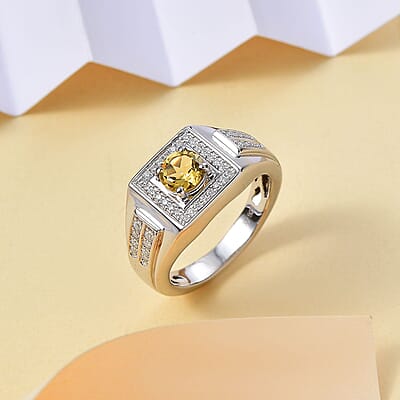 D'Joy Premium Brazilian Heliodor and Moissanite 1.25 ctw Men's Ring in Rhodium Over Sterling Silver (Size 10.0)