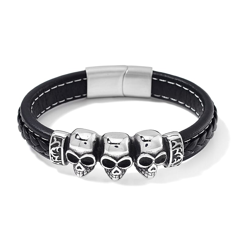 Stainless Steel and Microfiber Leather Skull Bracelet (8.00 In)