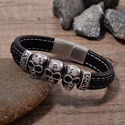 Stainless Steel and Microfiber Leather Skull Bracelet (8.00 In)