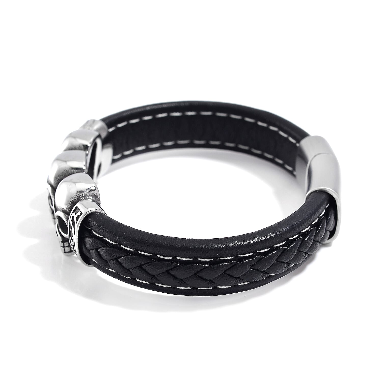 Stainless Steel and Microfiber Leather Skull Bracelet (8.00 In)