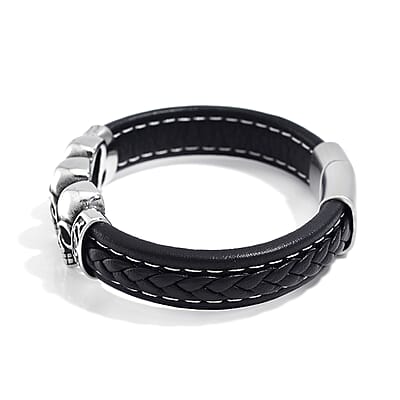 Stainless Steel and Microfiber Leather Skull Bracelet (8.00 In)