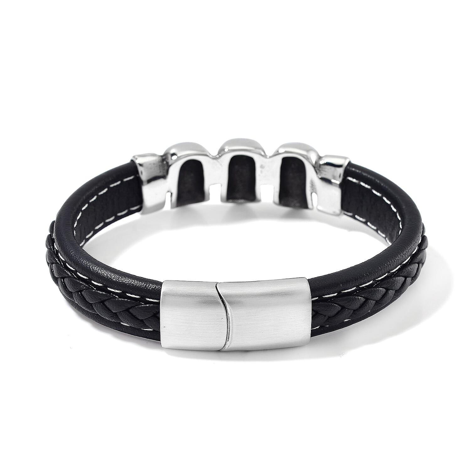 Stainless Steel and Microfiber Leather Skull Bracelet (8.00 In)