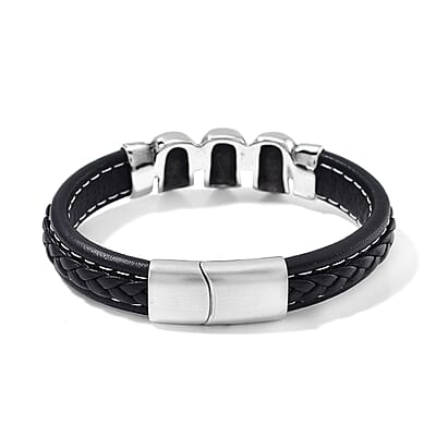 Stainless Steel and Microfiber Leather Skull Bracelet (8.00 In)