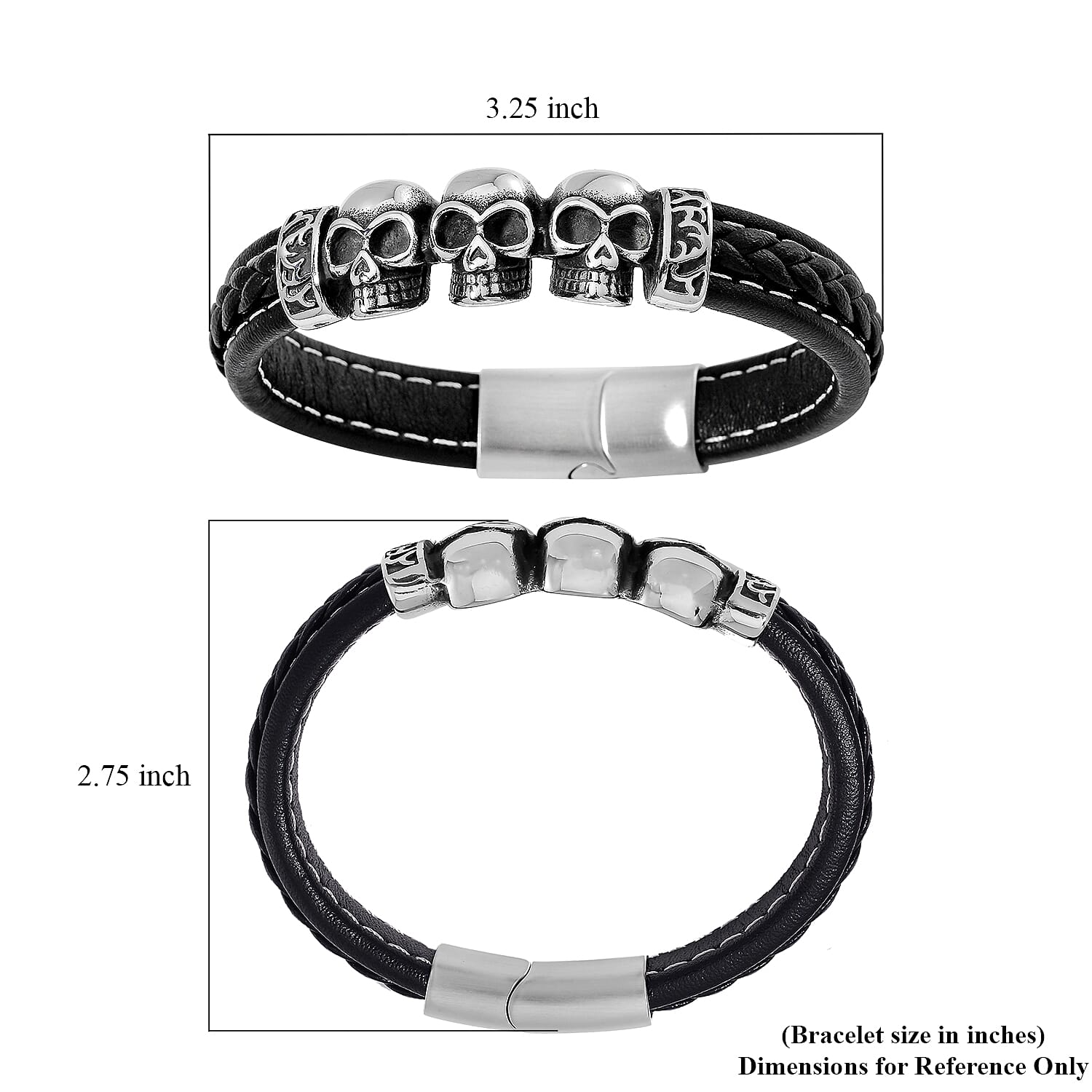 Stainless Steel and Microfiber Leather Skull Bracelet (8.00 In)