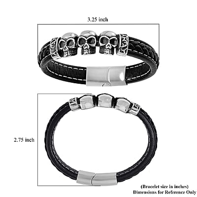 Stainless Steel and Microfiber Leather Skull Bracelet (8.00 In)