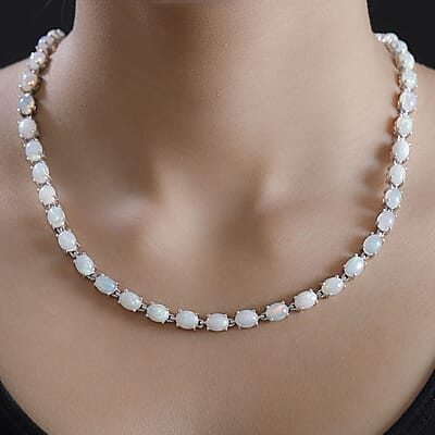 Premium Ethiopian Welo Opal 39.20 ctw Link Necklace in Rhodium Over Sterling Silver 18 Inches