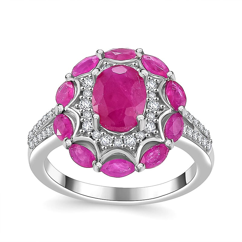 D'Joy Royal Ruby and White Zircon 3.40 ctw Cocktail Ring in Rhodium Over Sterling Silver (Size 10.0)