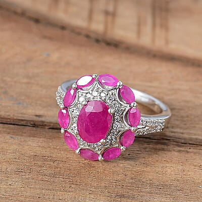 D'Joy Royal Ruby and White Zircon 3.40 ctw Cocktail Ring in Rhodium Over Sterling Silver (Size 10.0)