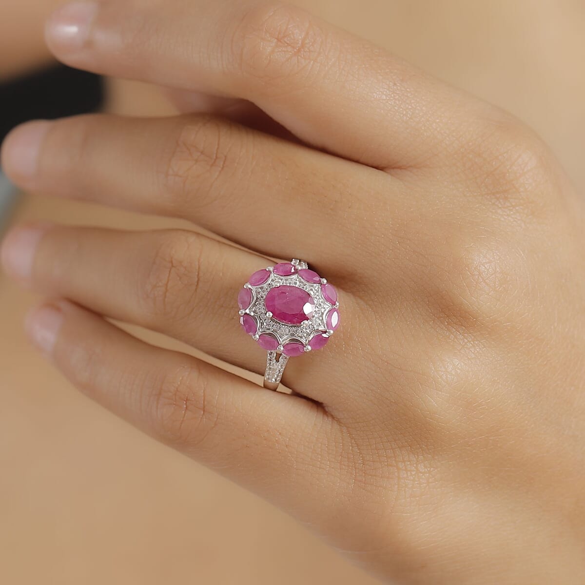 Royal Ruby and White Zircon 3.40 ctw Cocktail Ring in Rhodium Over Sterling Silver (Size 10.0) image number 2