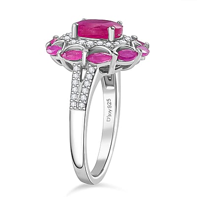 D'Joy Royal Ruby and White Zircon 3.40 ctw Cocktail Ring in Rhodium Over Sterling Silver (Size 10.0)