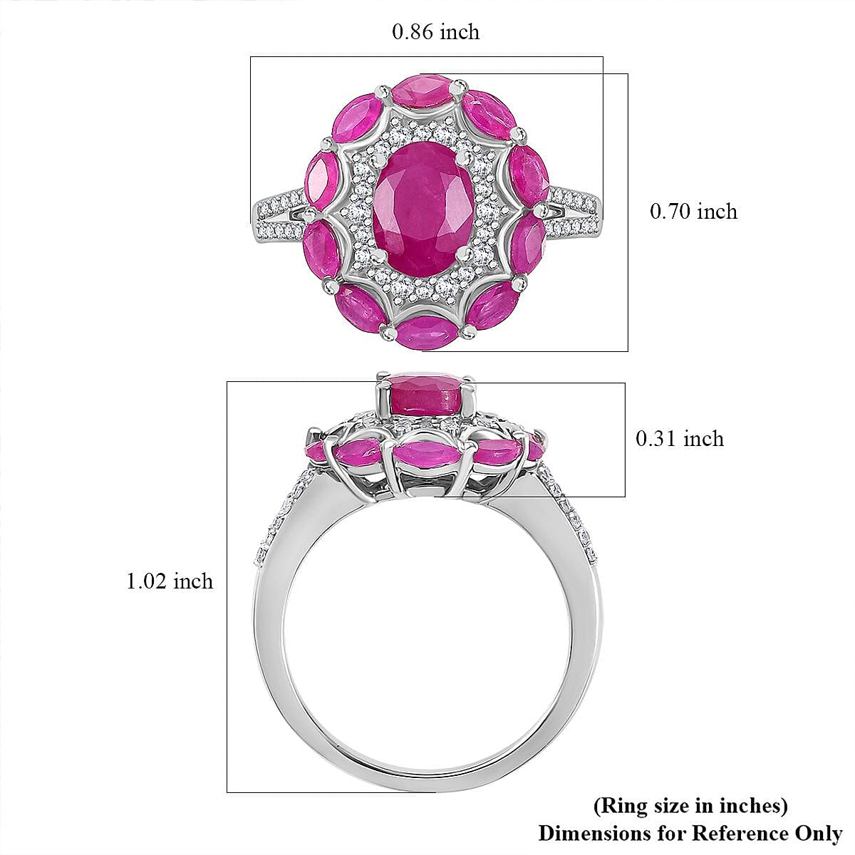 D'Joy Royal Ruby and White Zircon 3.40 ctw Cocktail Ring in Rhodium Over Sterling Silver (Size 10.0)