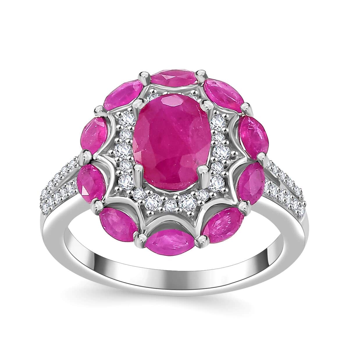 Doorbuster Royal Ruby and White Zircon 3.40 ctw Cocktail Ring in Rhodium Over Sterling Silver (Size 7.0) image number 0