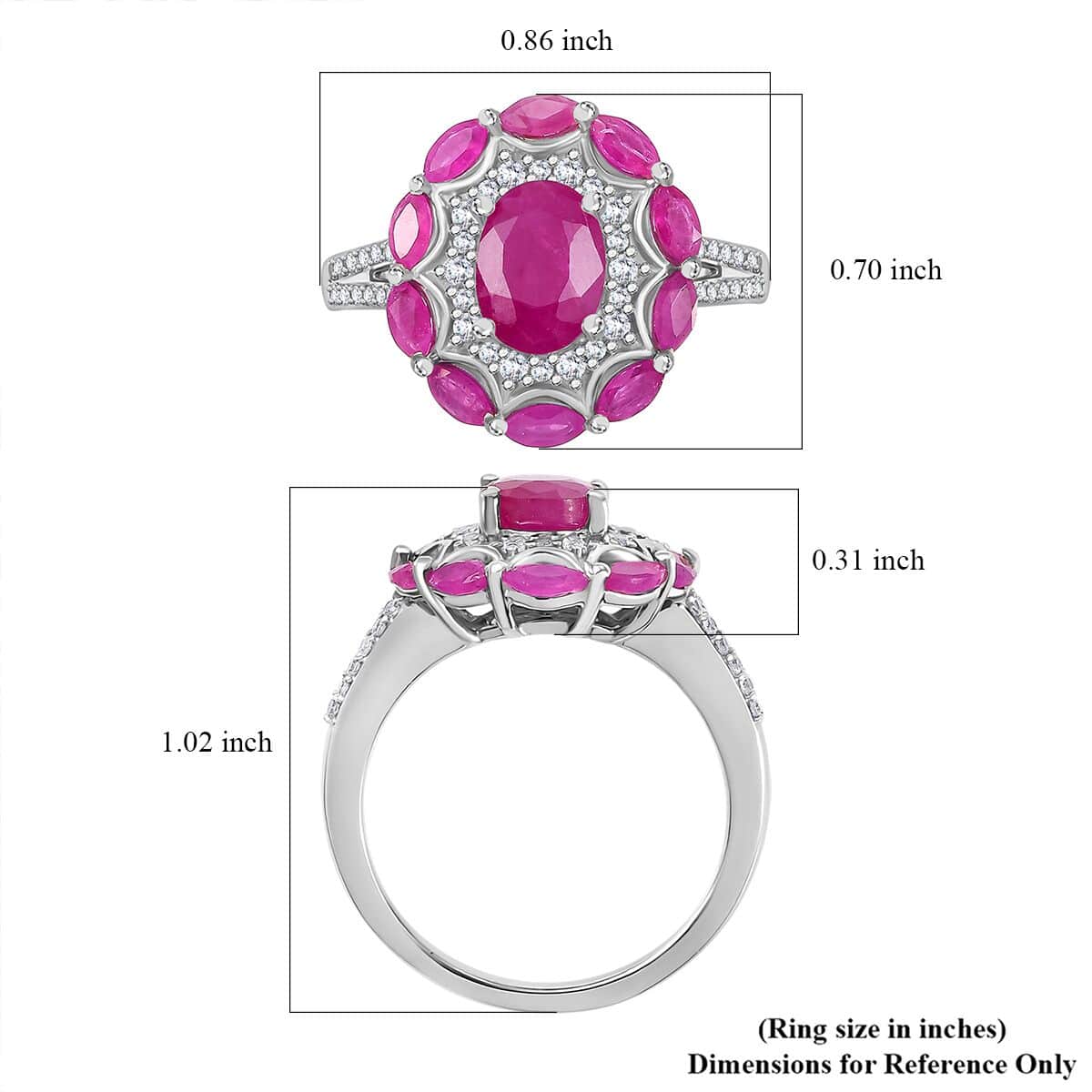 Doorbuster Royal Ruby and White Zircon 3.40 ctw Cocktail Ring in Rhodium Over Sterling Silver (Size 7.0) image number 5