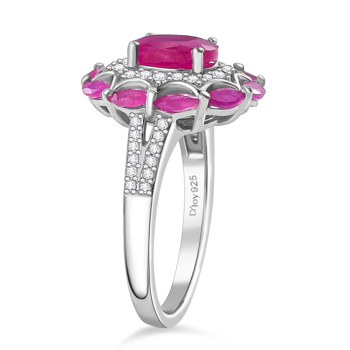 Royal Ruby and White Zircon 3.40 ctw Cocktail Ring in Rhodium Over Sterling Silver (Size 9.0) image number 3