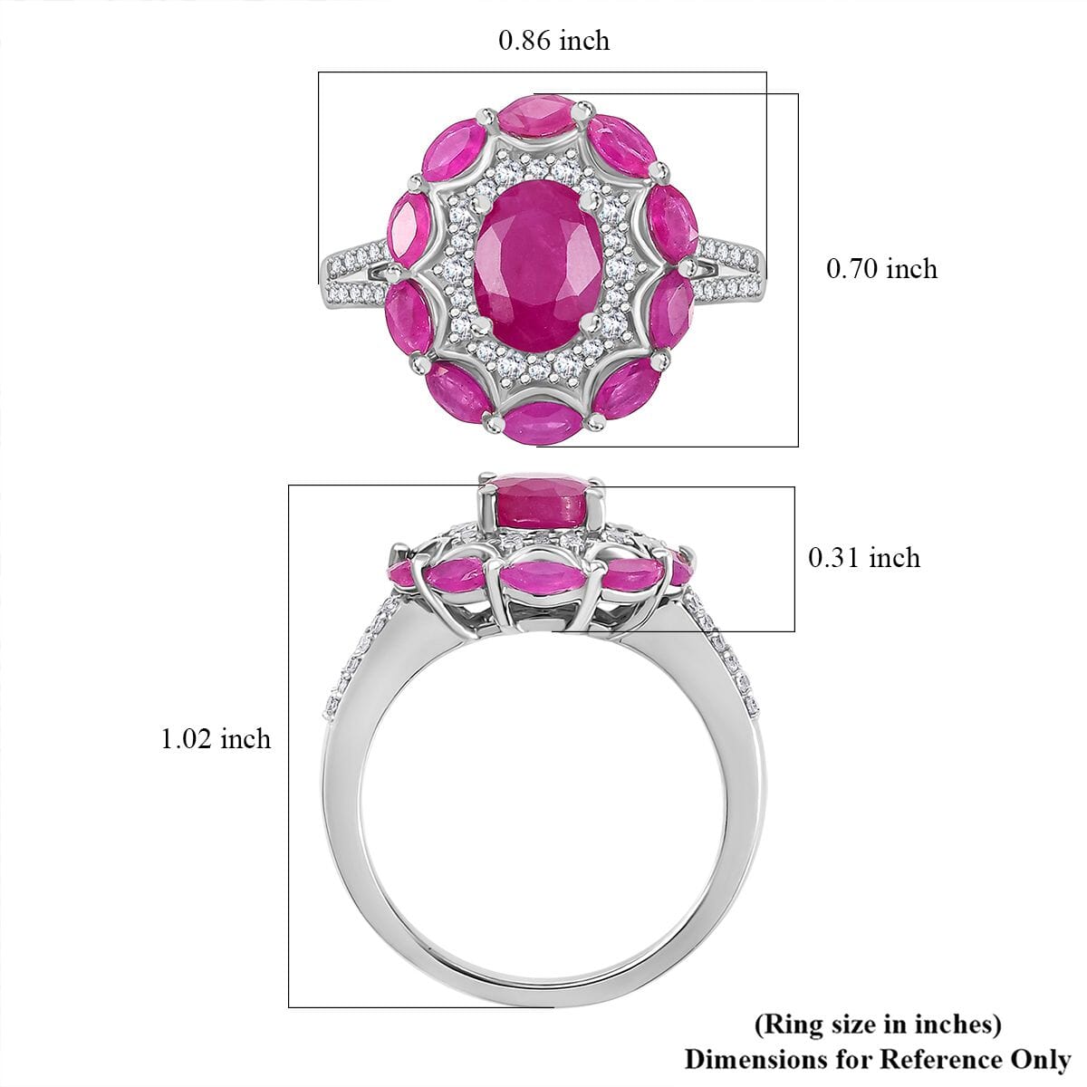Royal Ruby and White Zircon 3.40 ctw Cocktail Ring in Rhodium Over Sterling Silver (Size 9.0) image number 5