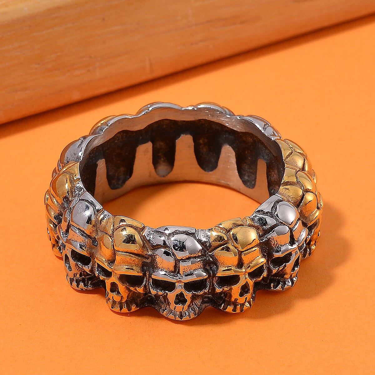 Skull Eternity Ring in ION Plated YG and Stainless Steel (Size 12.0) image number 1