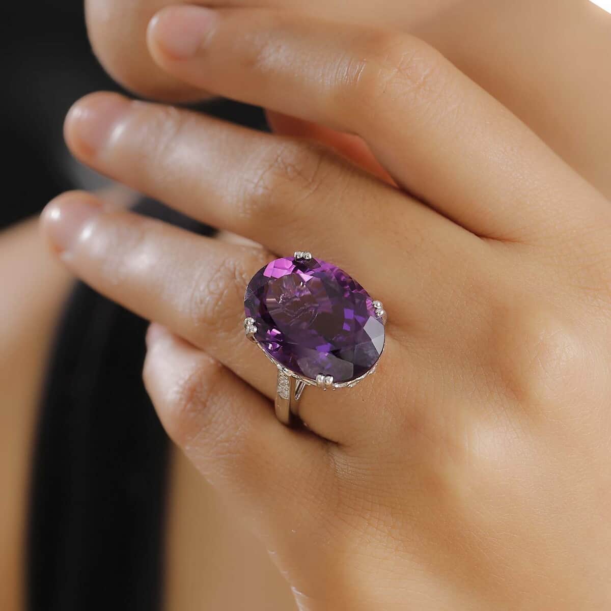 Doorbuster African Amethyst and White Zircon 25.00 ctw Majesty Ring in Rhodium Over Sterling Silver (Size 10.0) image number 2