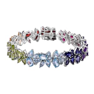 Multi Gemstone 32.20 ctw Blossom Spectrum Bracelet in Rhodium Over Sterling Silver (6.50 In)