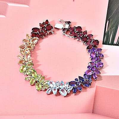 Multi Gemstone 32.20 ctw Blossom Spectrum Bracelet in Rhodium Over Sterling Silver (6.50 In)