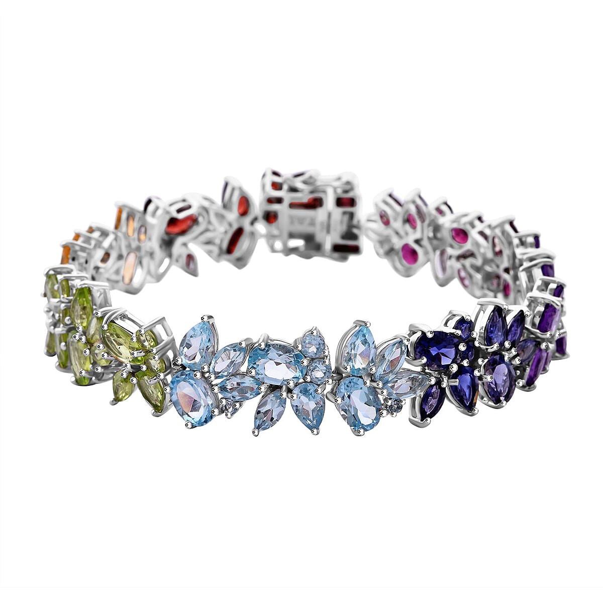 Multi Gemstone 37.90 ctw Blossom Spectrum Bracelet in Rhodium Over Sterling Silver (8.00 In) image number 0
