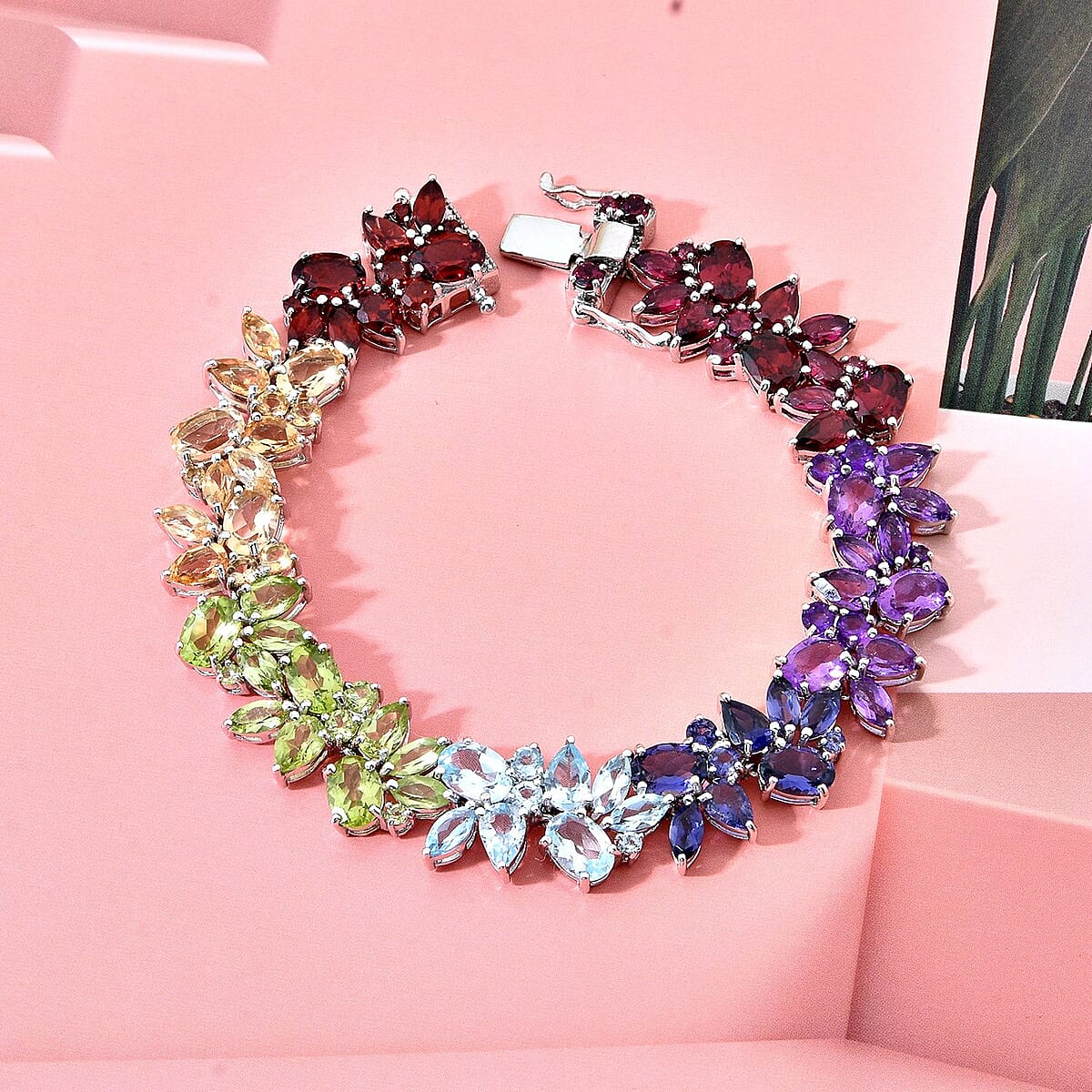 Multi Gemstone 37.90 ctw Blossom Spectrum Bracelet in Rhodium Over Sterling Silver (8.00 In) image number 1
