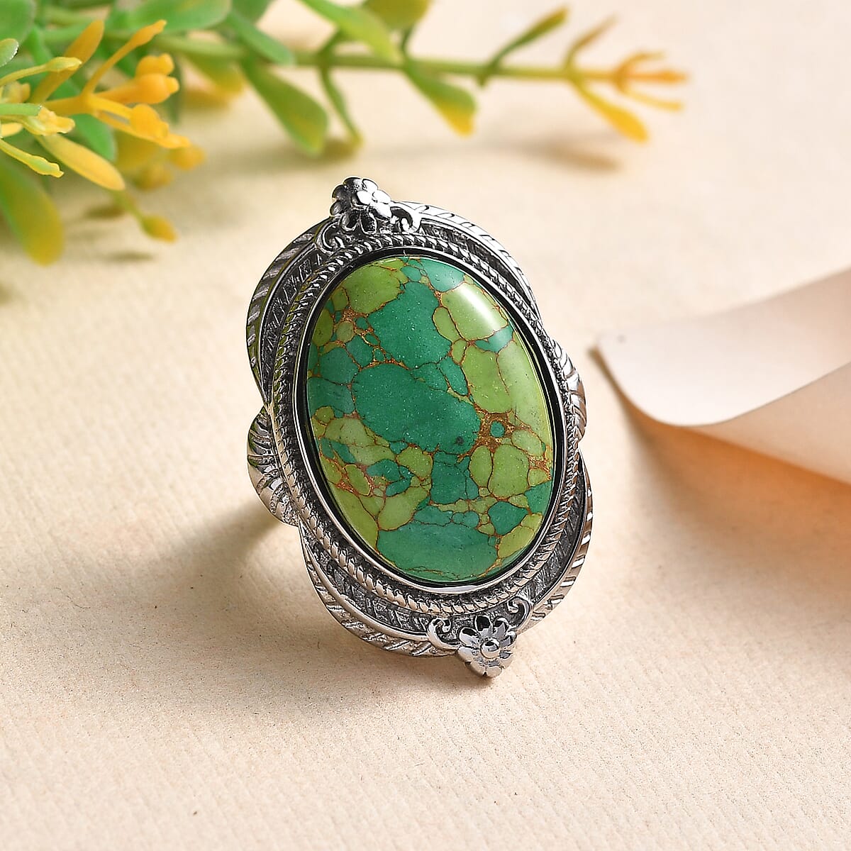 Mojave Green Turquoise 21.15 ctw Ring in Stainless Steel (Size 7.0)  image number 1