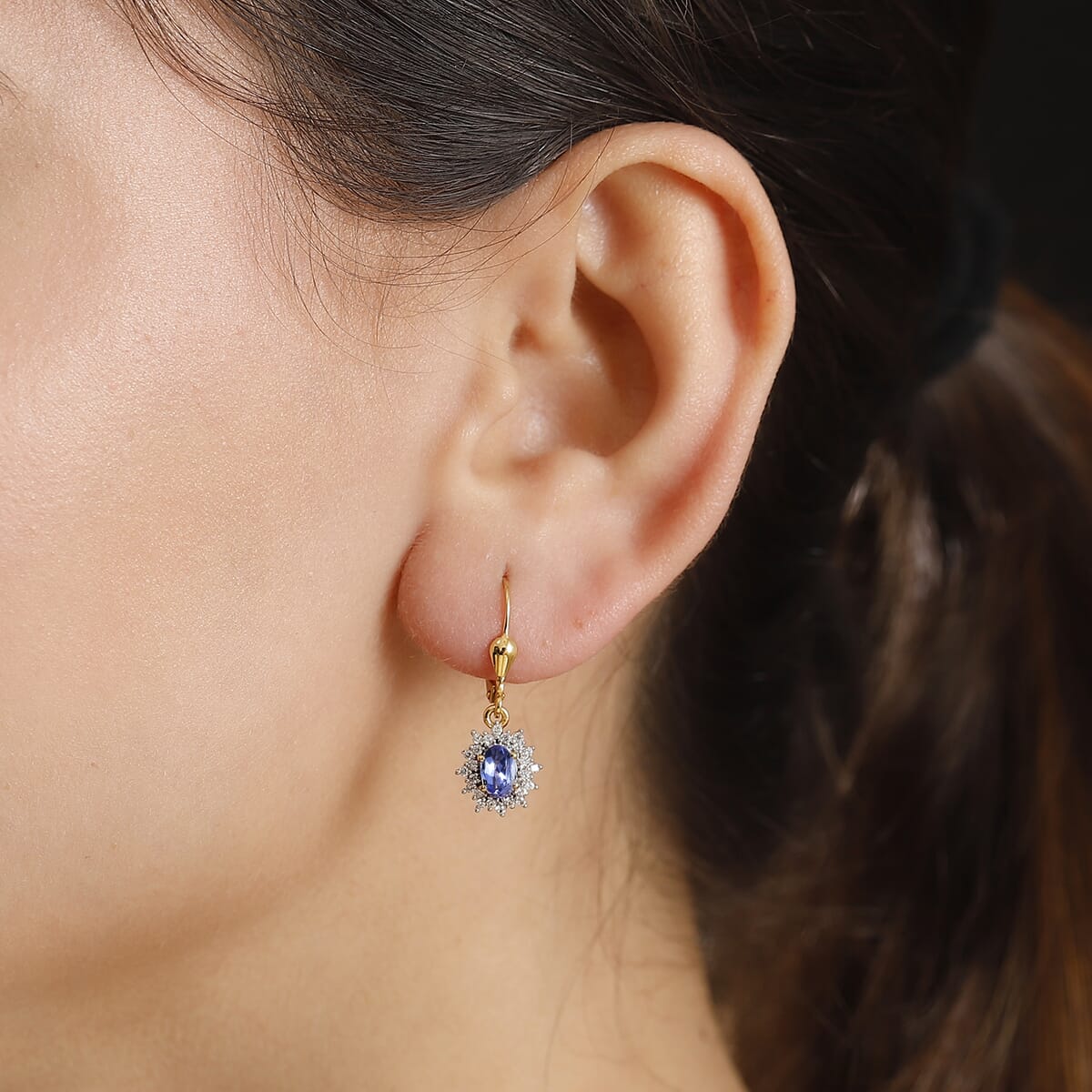 Tanzanite and White Zircon 1.40 ctw Regal Bloom Earrings in 18K Vermeil Yellow Gold Over Sterling Silver image number 2