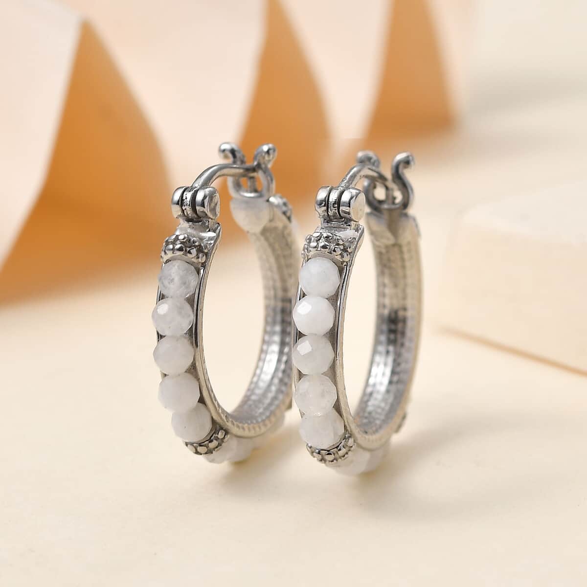 Rainbow Moonstone 4.50 ctw Hoop Earrings in Stainless Steel image number 1