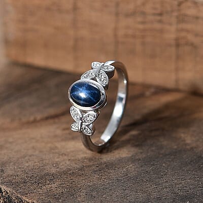 Blue Star Sapphire (DF) and White Zircon 1.50 ctw Butterfly Ring in Rhodium Over Sterling Silver (Size 10.0)