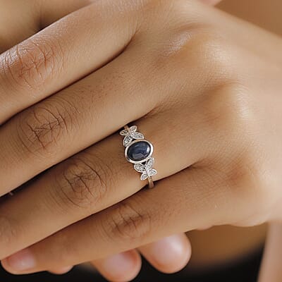 Blue Star Sapphire (DF) and White Zircon 1.50 ctw Butterfly Ring in Rhodium Over Sterling Silver (Size 10.0)