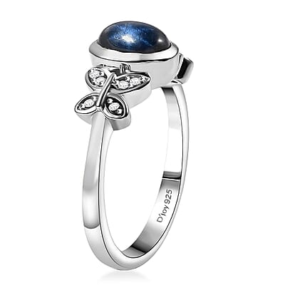 Blue Star Sapphire (DF) and White Zircon 1.50 ctw Butterfly Ring in Rhodium Over Sterling Silver (Size 10.0)