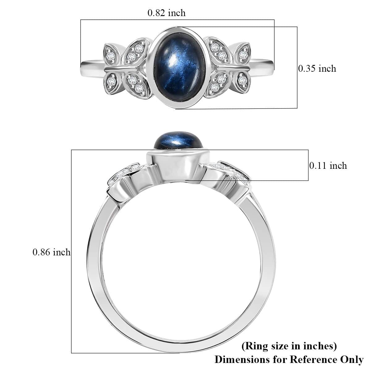 Blue Star Sapphire (DF) and White Zircon 1.50 ctw Butterfly Ring in Rhodium Over Sterling Silver (Size 10.0) image number 5