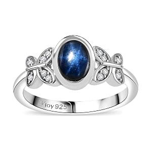 Blue Star Sapphire (DF) and White Zircon 1.50 ctw Butterfly Ring in Rhodium Over Sterling Silver (Size 9.0)