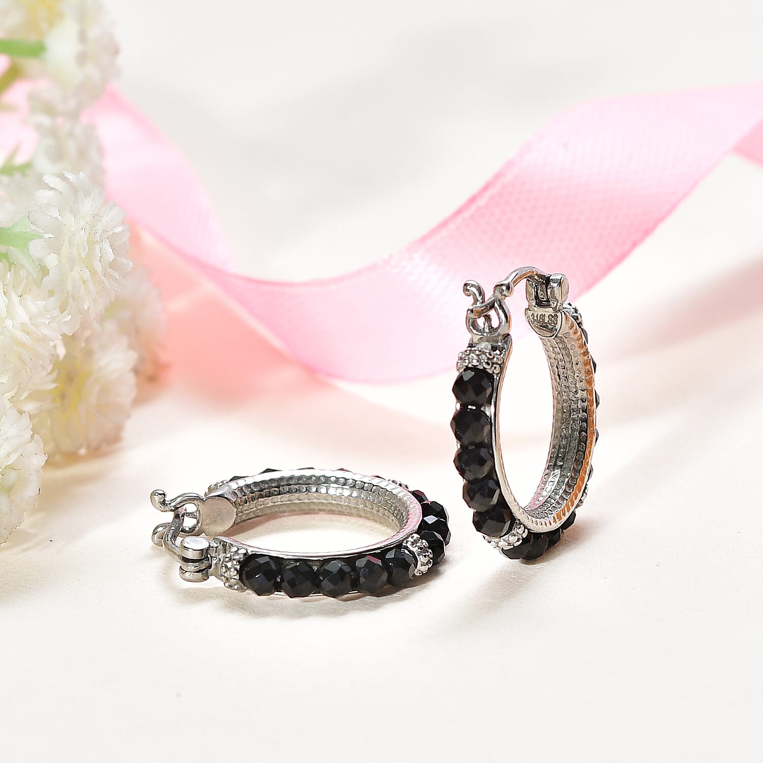 Australian Black Tourmaline 9.00 ctw Hoop Earrings in Stainless Steel